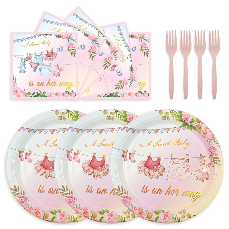 HFBOBP 75PCS Floral Baby Girl Shower Plates and Napkins Decorations Party Favors, 7Inch A Sweet Baby Is on Her Way Paper Dessert Plates Disposable Tableware Party Supplies - Image 1